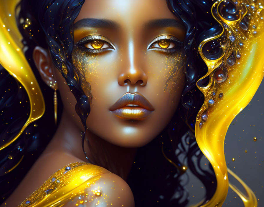 Dark-haired woman with gold-glitter makeup on dark background