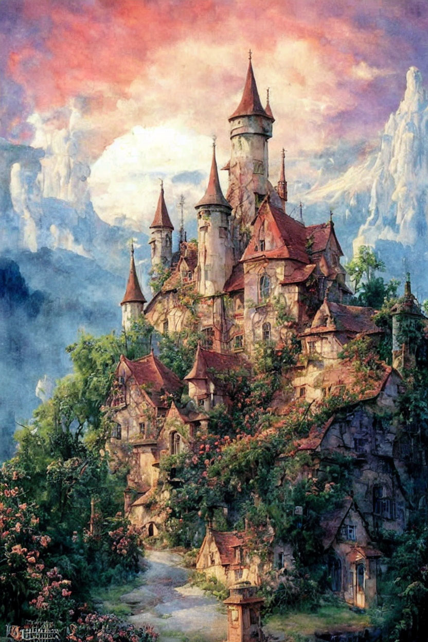 Fantasy castle with multiple spires on lush hillside at sunset