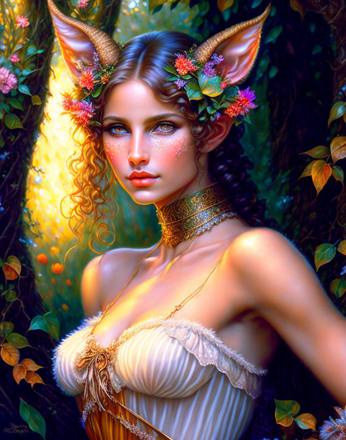 Mystical female portrait with pointed ears and floral adornments