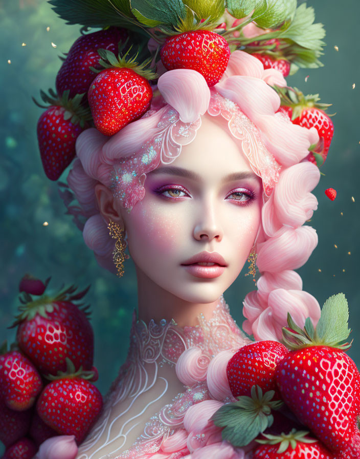 Fantasy portrait: Woman with pink hair, strawberries, leaves, serene beauty, lace details