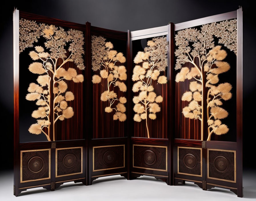 Botanical Motif Four-Panel Folding Screen with Gold and Bronze Inlay Designs