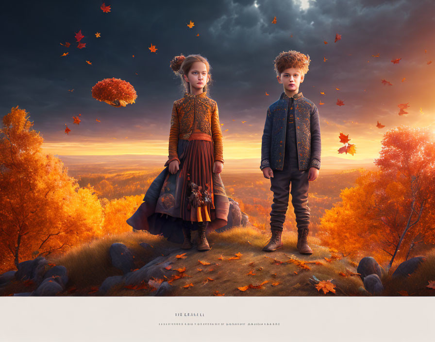 Children in surreal autumn landscape with floating leaves and whimsical sky