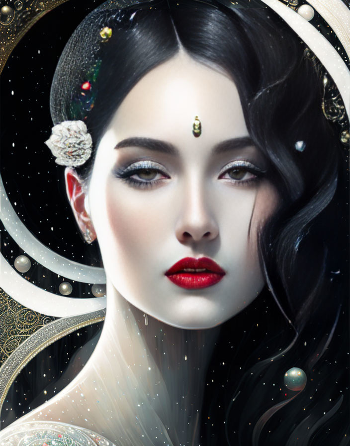 Digital painting of woman with pale skin, red lips, bindi, cosmic theme