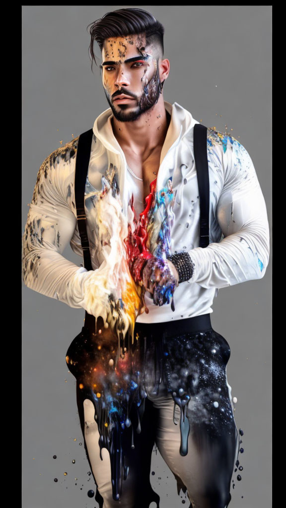 Bearded man with paint splatters and flames, white shirt and suspenders on grey background.