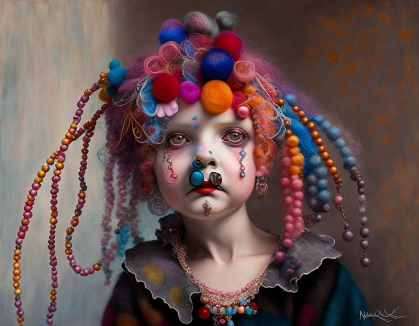 Colorful whimsical makeup and hair portrait with multicolored balls and beads