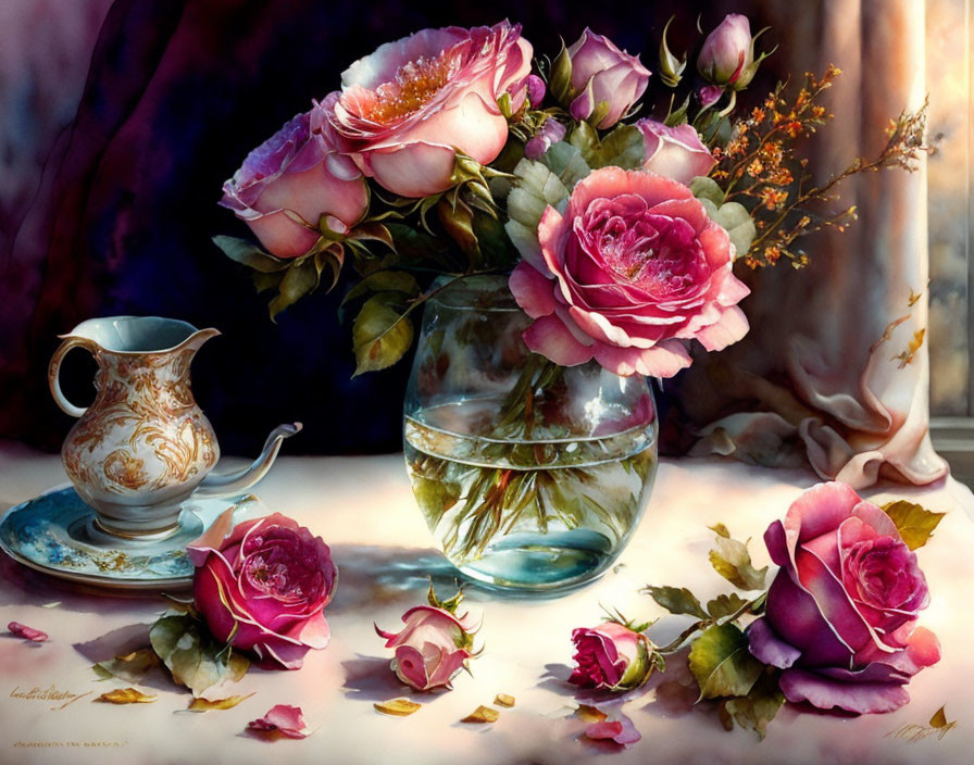 Glass vase with pink roses, petals, porcelain jug, and drapery in still life painting