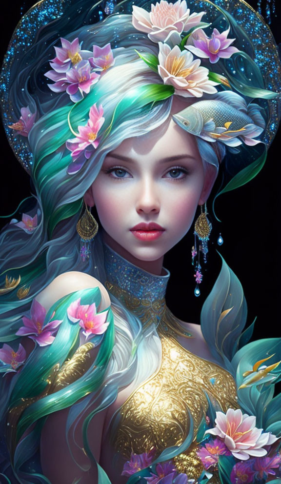 Mystical woman with turquoise hair and floral adornments in golden collar and lotus dress