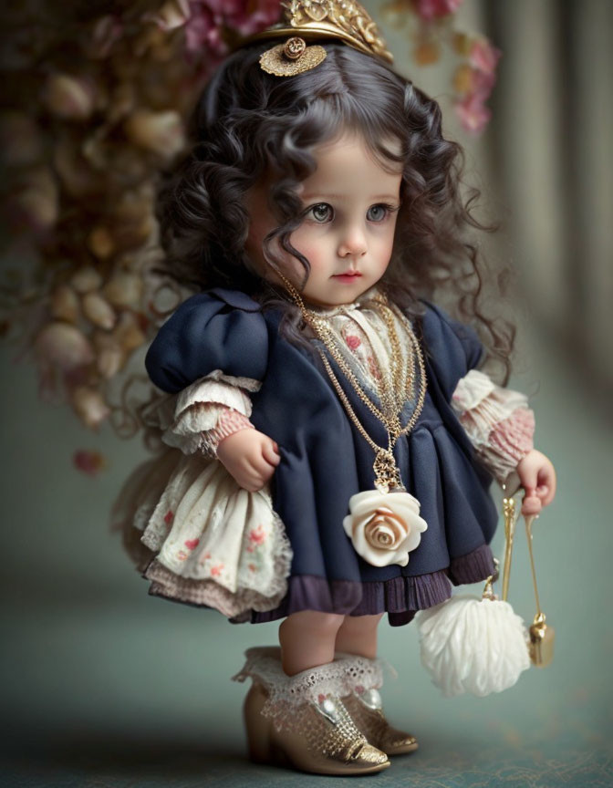 Vintage-Style Porcelain Doll with Curly Black Hair and Navy Dress