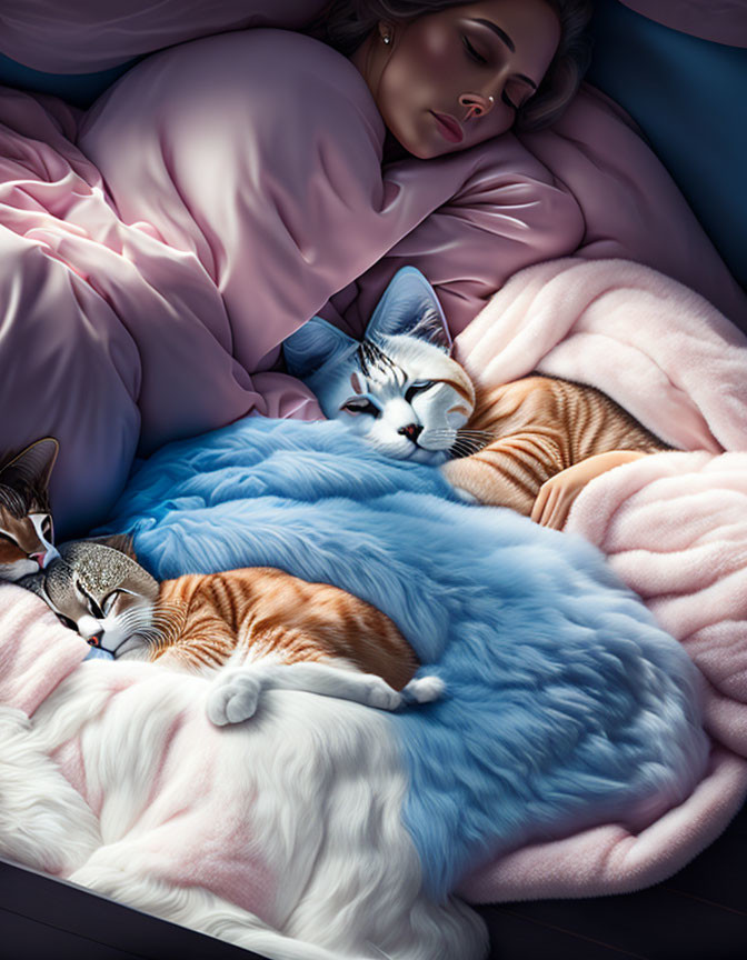 Woman and Three Cats Sleeping Peacefully on Cozy Bed