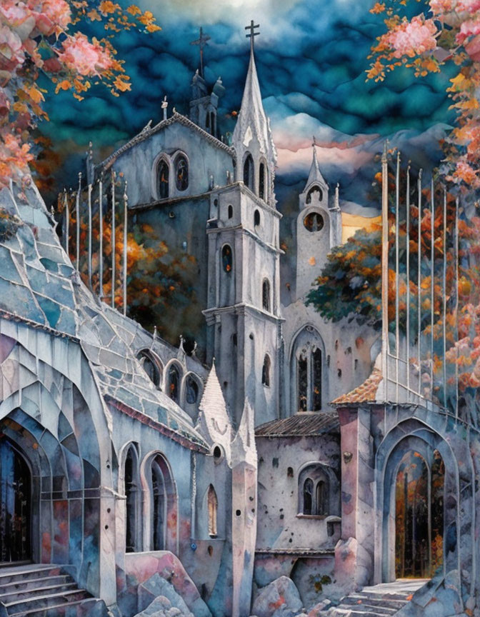 Medieval stone church painting with gothic architecture and twilight sky