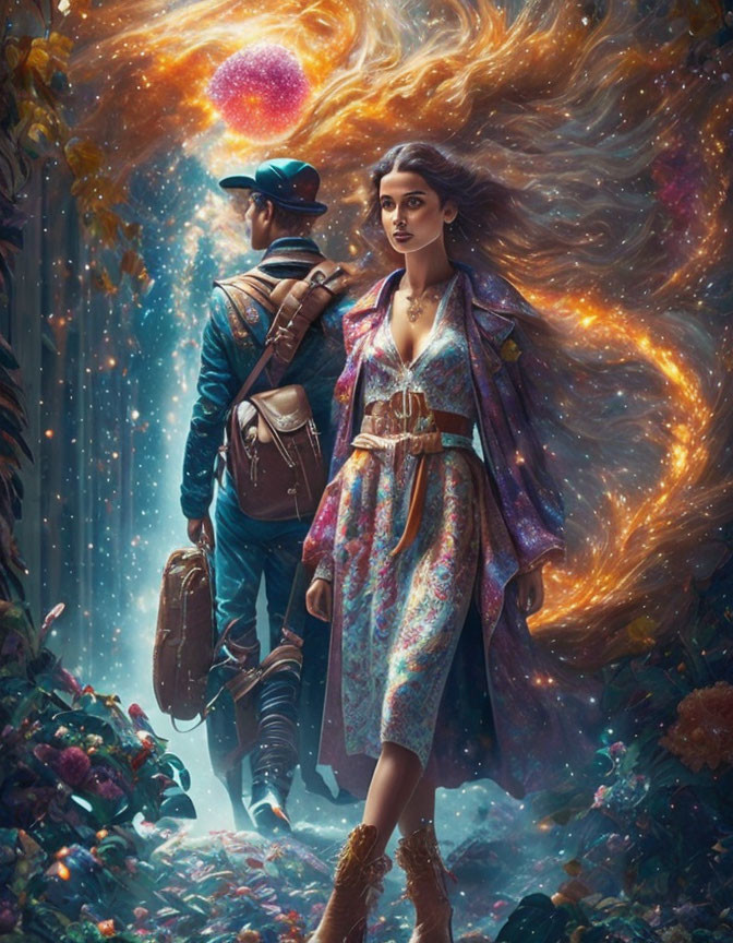 Woman in floral dress next to man with backpack in cosmic setting