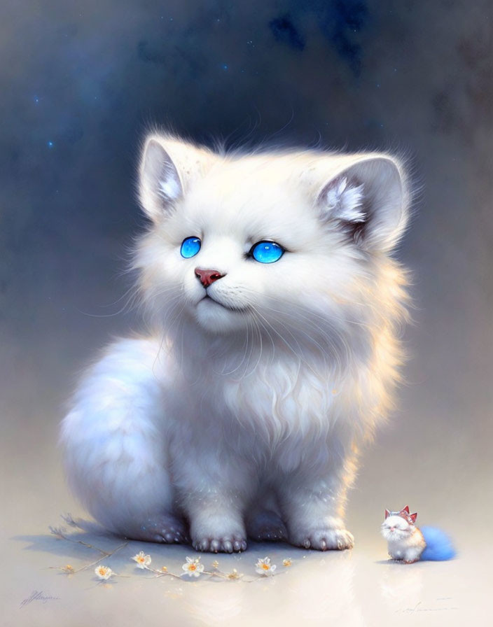 Digital Artwork: Two White Cats with Blue Eyes in Floral Setting