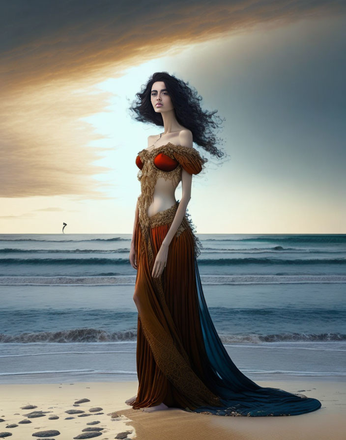 Woman in flowing gown on beach at sunset