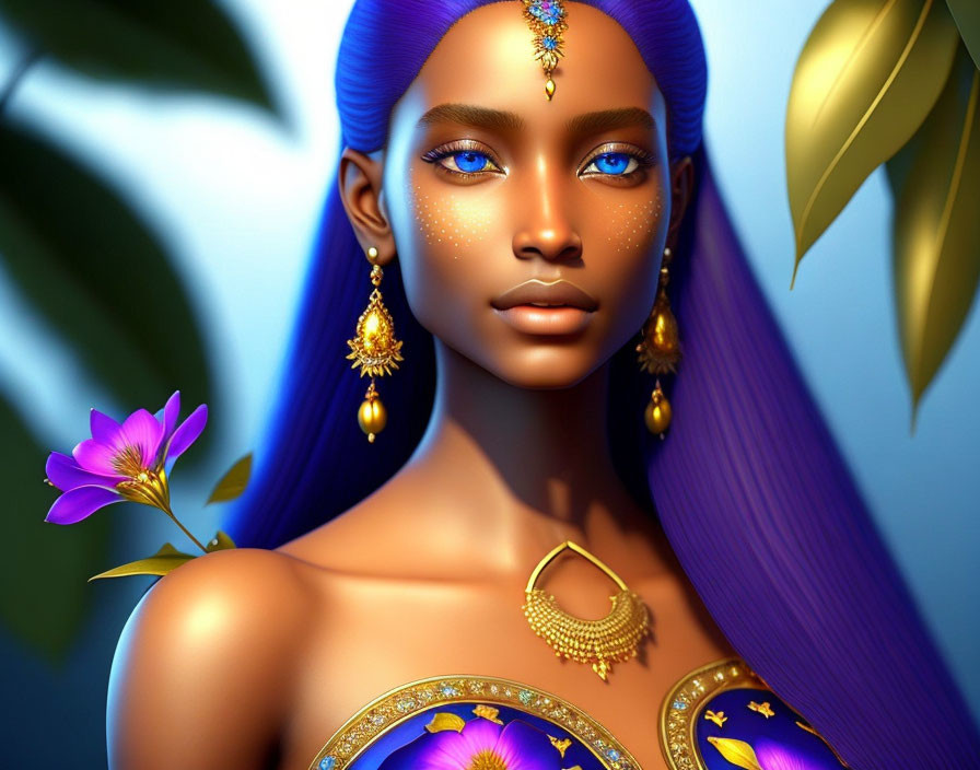 3D illustration of woman with blue skin, eyes, hair, gold jewelry