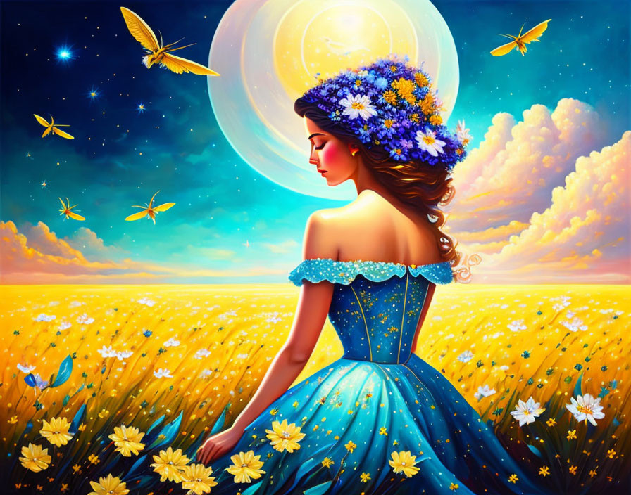 Woman in blue dress surrounded by yellow flowers and moon, with butterflies.