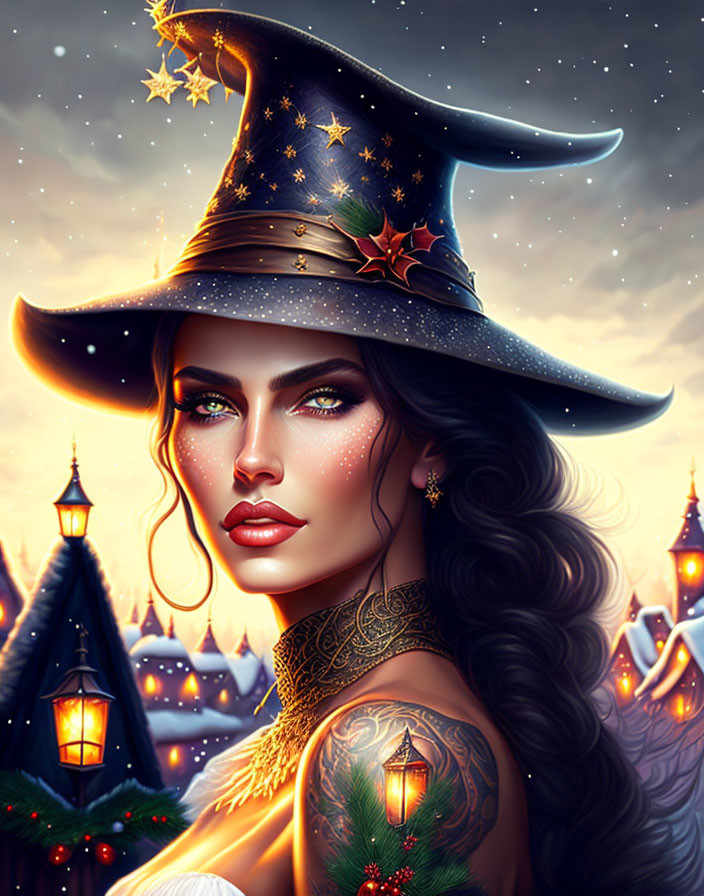 Woman with Green Eyes & Wavy Hair in Witch Hat Against Night Sky