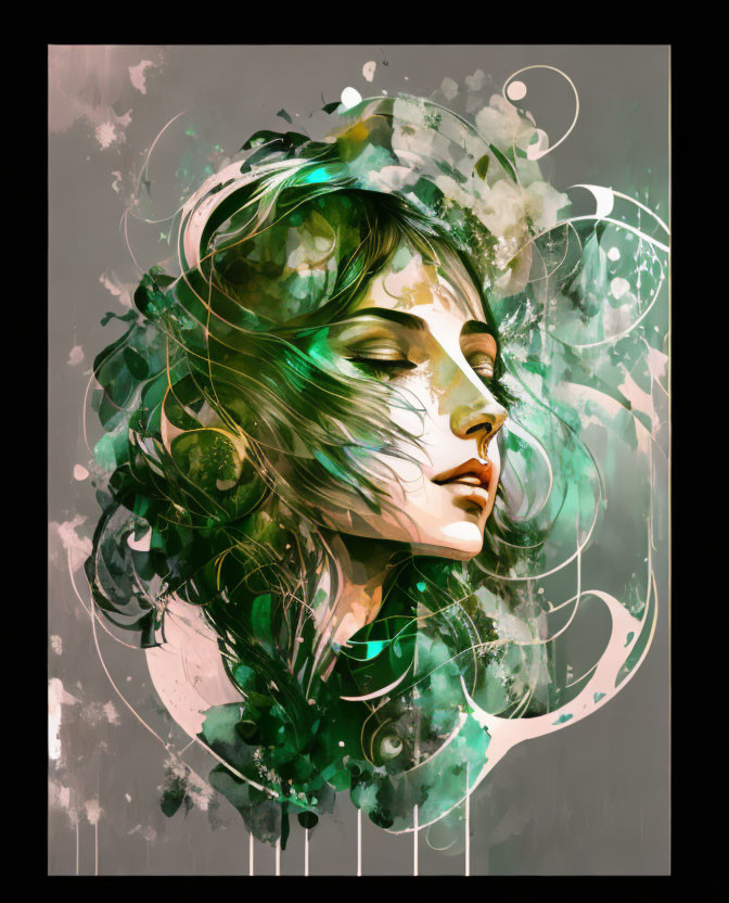 Abstract Green and Brown Swirls in Woman's Profile Artwork