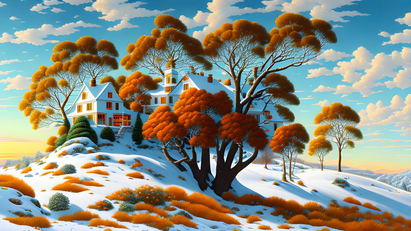 Victorian-style house illustration in warm tones on snowy hill with orange-leafed trees.