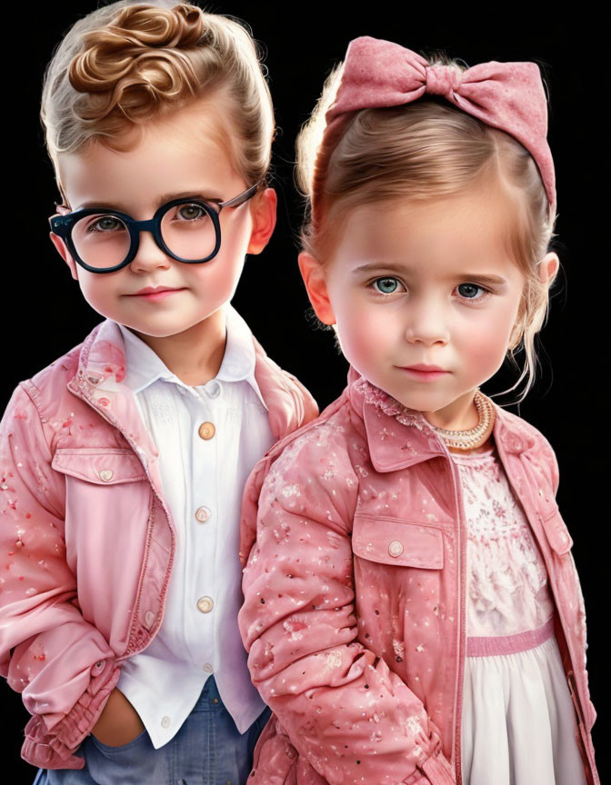 Young Children in White Shirt and Pink Jacket Posed for Portrait