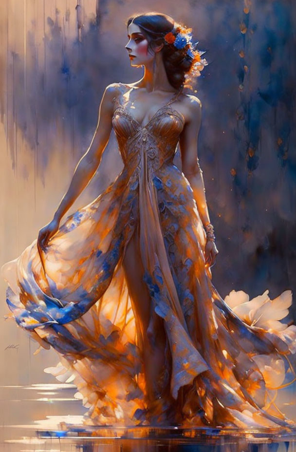 Woman in ethereal orange gown with floral accents in soft, illuminated ambiance