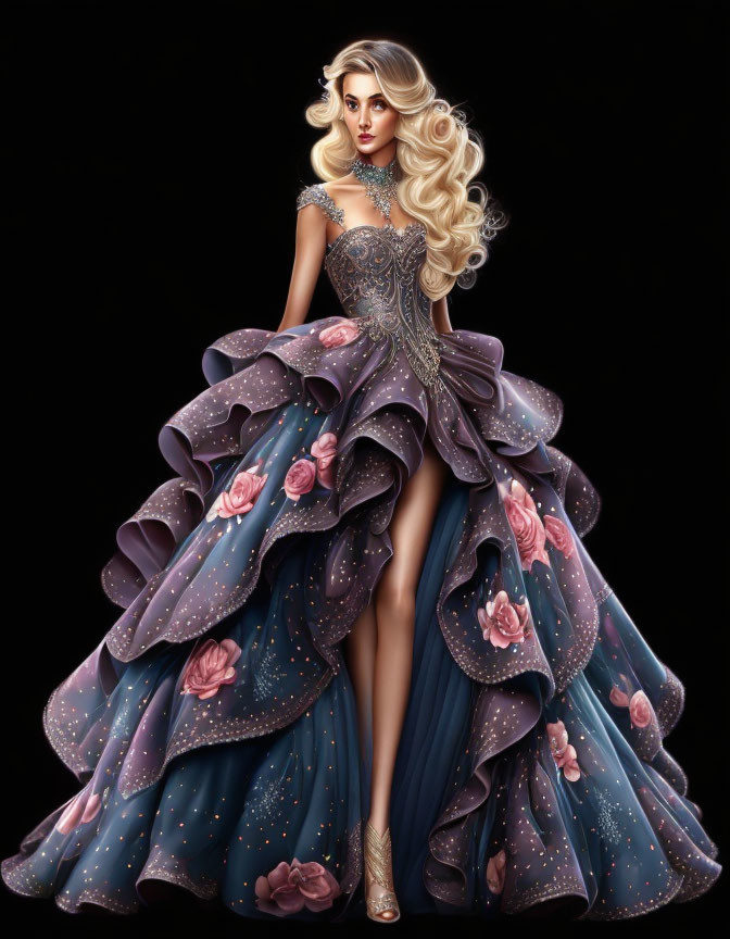 Blonde woman in elegant blue and purple ball gown with roses and sparkles