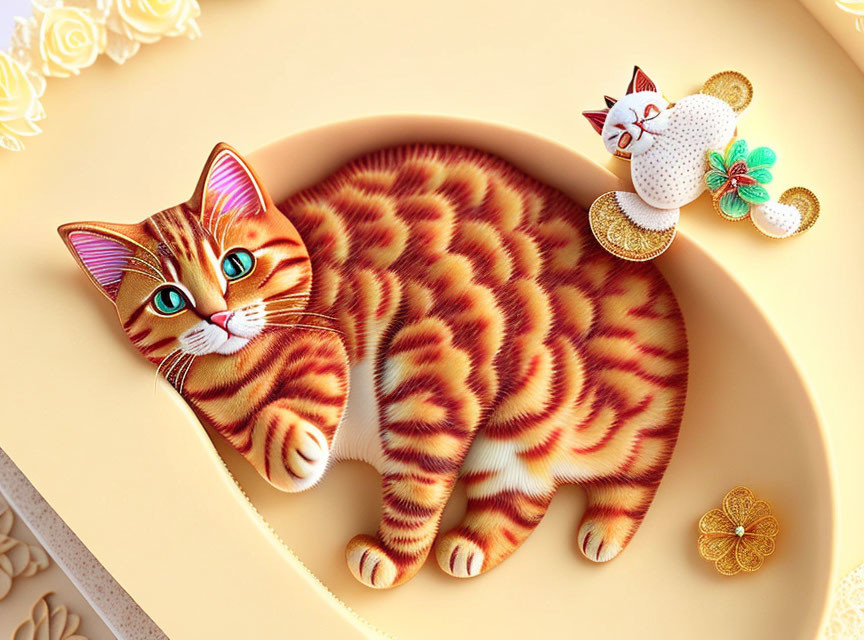 Whimsical orange tabby cat cake with intricate decorations