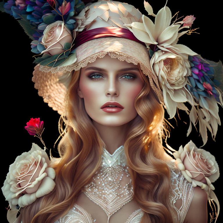 Woman with Flowing Hair in Flower-Adorned Hat