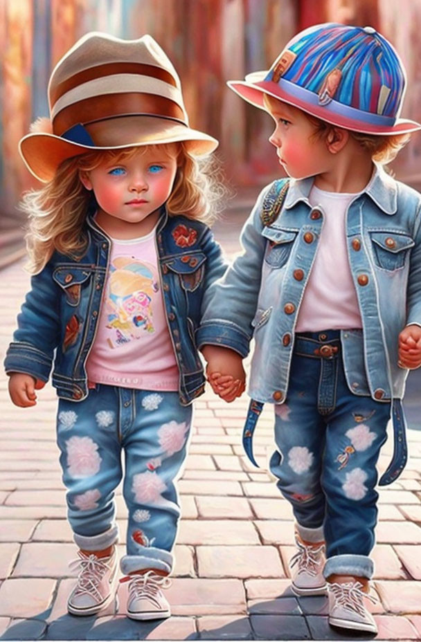 Children holding hands in brown and blue hats and jackets