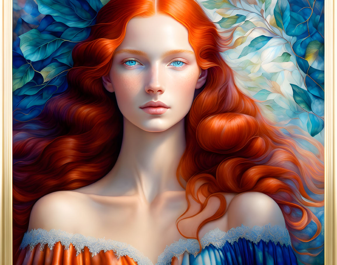 Portrait of Woman with Red Hair, Blue Eyes, Fair Skin, Surrounded by Blue-Green Leaves