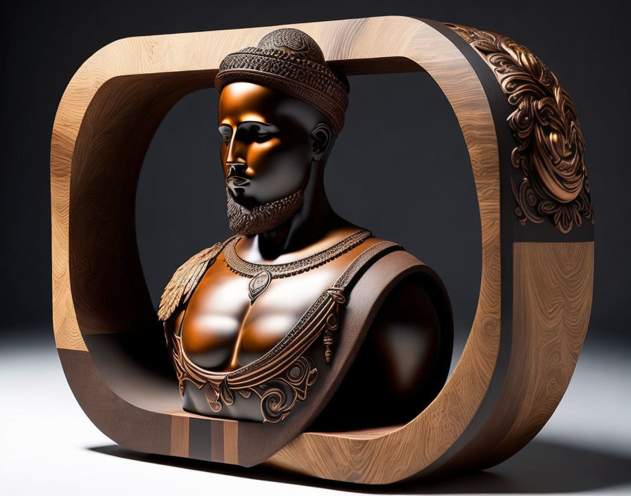 Classical bust with helmet in abstract wooden frame