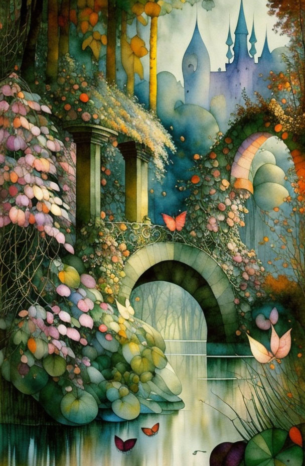 Colorful Fantasy Landscape with Stone Bridge, Towers, Trees, and Butterflies