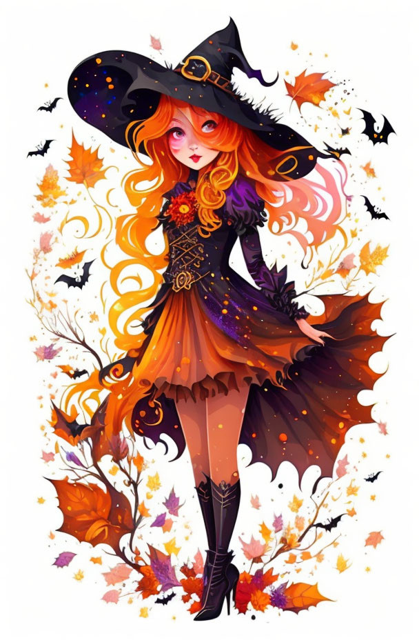 Vibrant witch with orange hair in purple and black costume among autumn leaves and bats