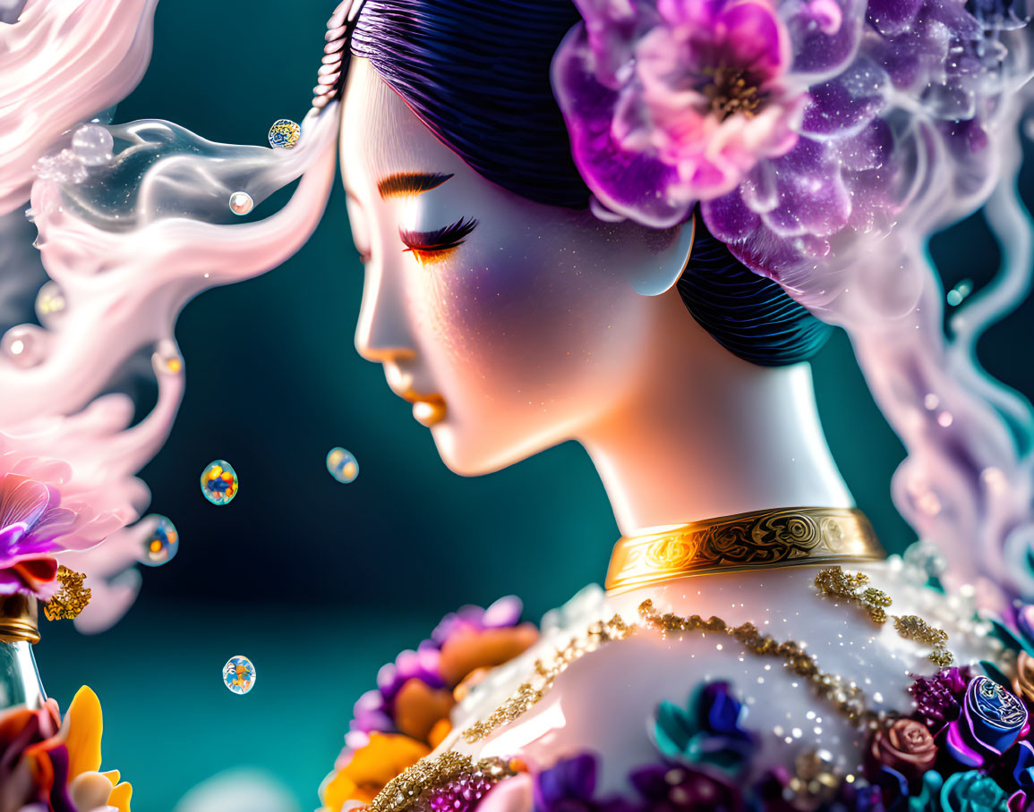 Detailed illustration of woman with white hair, flowers, jewelry, and bubbles.