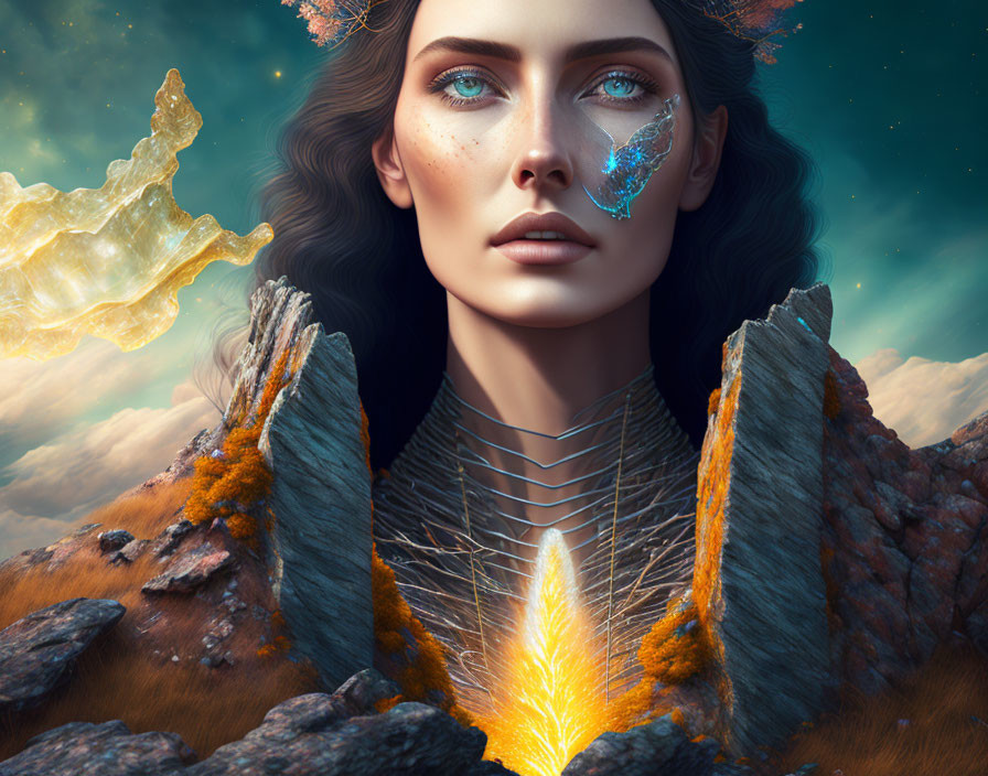 Fantastical portrait: Woman with vibrant green eyes in rocky terrain with glowing orange entity