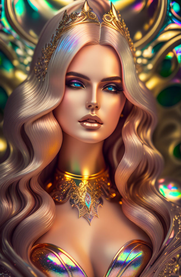 Woman with Long Wavy Hair, Golden Crown, and Jeweled Necklace on Colorful Backdrop