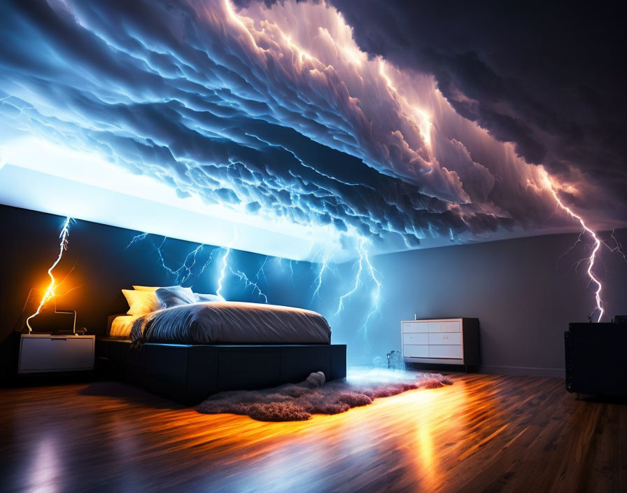 Surreal bedroom with stormy cloud ceiling and lightning bolts