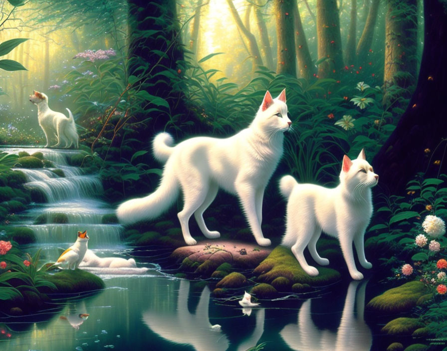 White Cats in Mystical Forest with Vibrant Flora and Stream