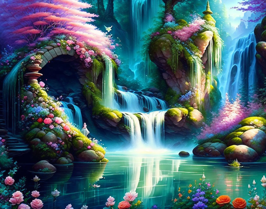 Colorful Fantasy Landscape with Waterfalls, Bridge, Flora, and Lake