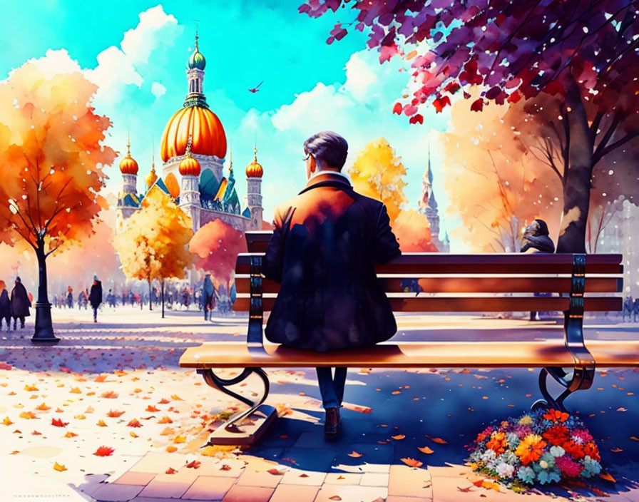 Man in coat admiring vibrant autumn park with cathedral in background