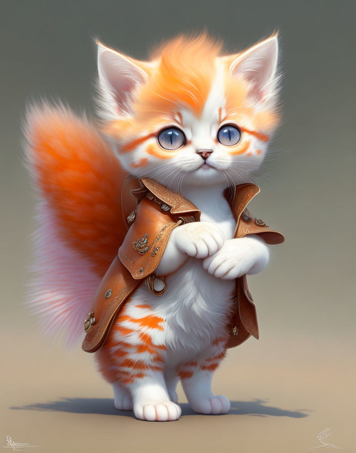 Fluffy Orange and White Kitten in Blue-Eyed Leather Jacket