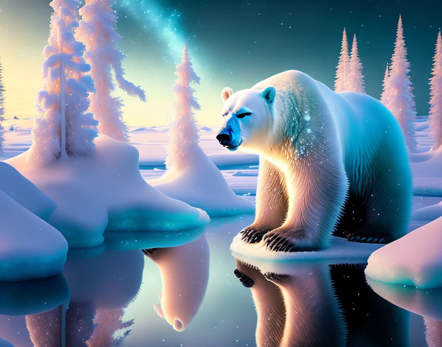 Polar bear on snow-covered ice ledge under starry skies