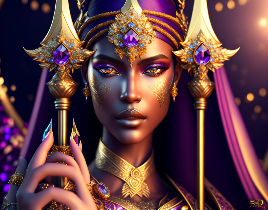 Intricate golden headdress and jewelry on regal figure with purple gemstones