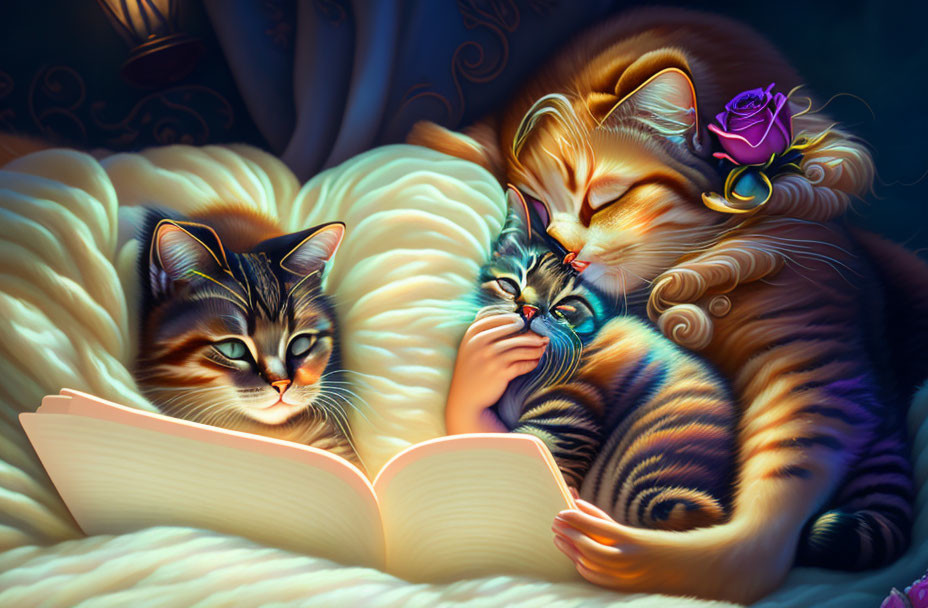 Three Cats Snuggle on Bed, One Reads Book to Kittens Under Warm Lighting