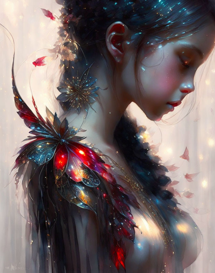 Ethereal artwork featuring girl with butterfly wings and falling leaves.