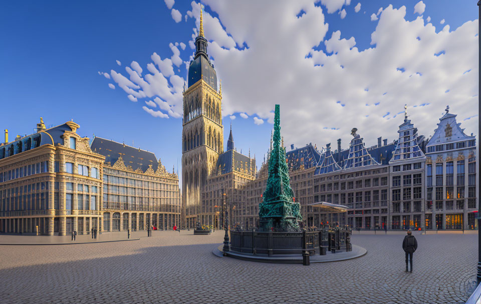 Ornate town square with festive tree and towering spire