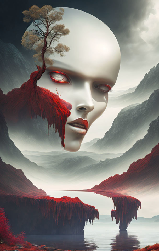 Surreal artwork: Giant face with red eyes in misty landscape