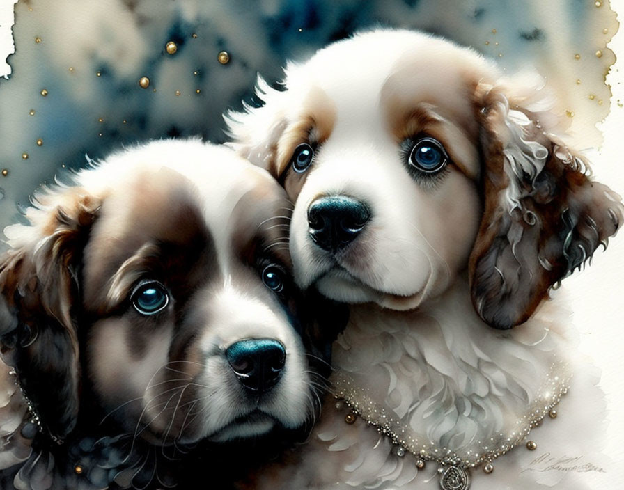 Realistic spaniel puppies with blue eyes on soft watercolor background