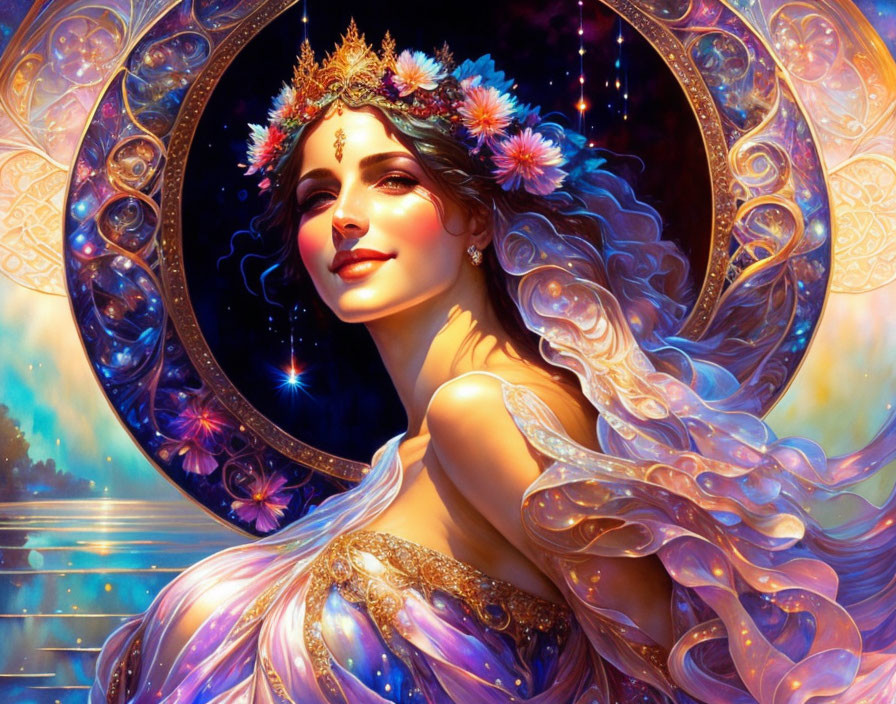 Stylized illustration of woman with floral crown in iridescent gown in circular frame on starry