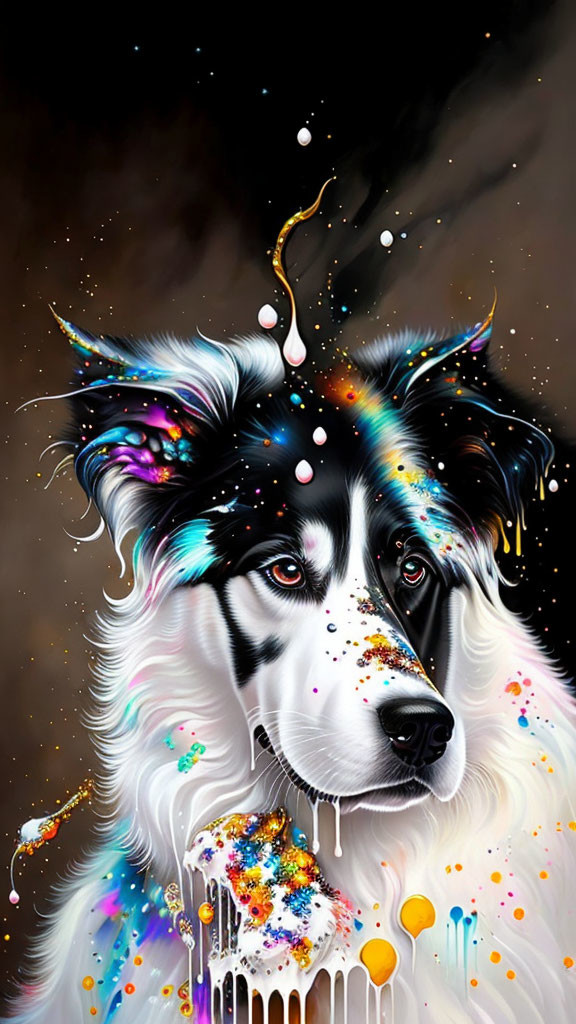 Vibrant paint splashes create surreal dog art