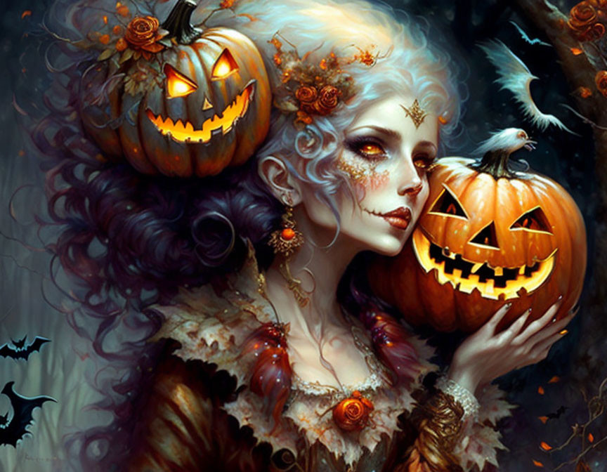 Illustrated Halloween-themed woman with pale skin and white hair holding pumpkins and surrounded by bats and birds